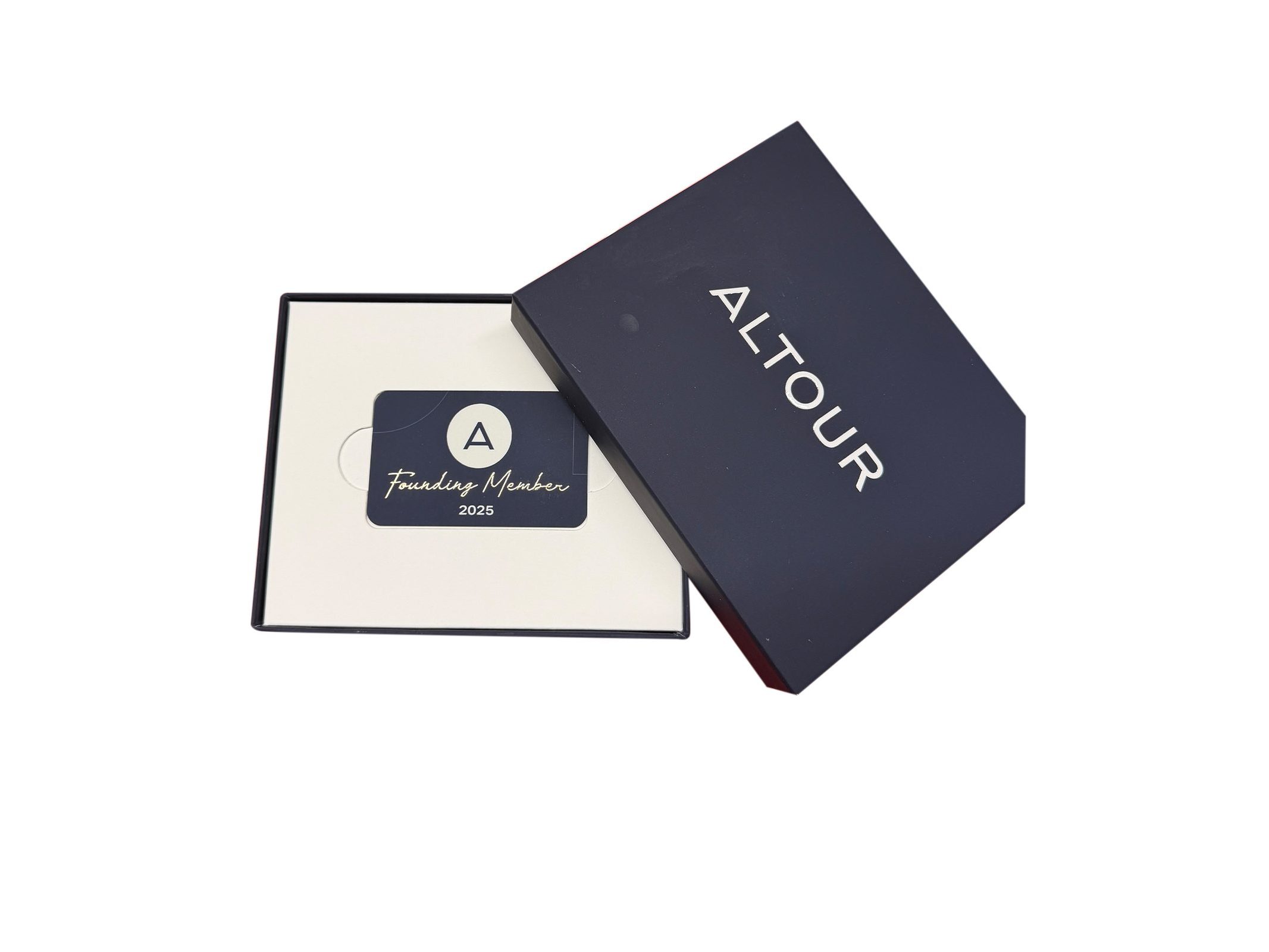 ALTOUR navy rigid box open with a printed membership card by VSL Packaging