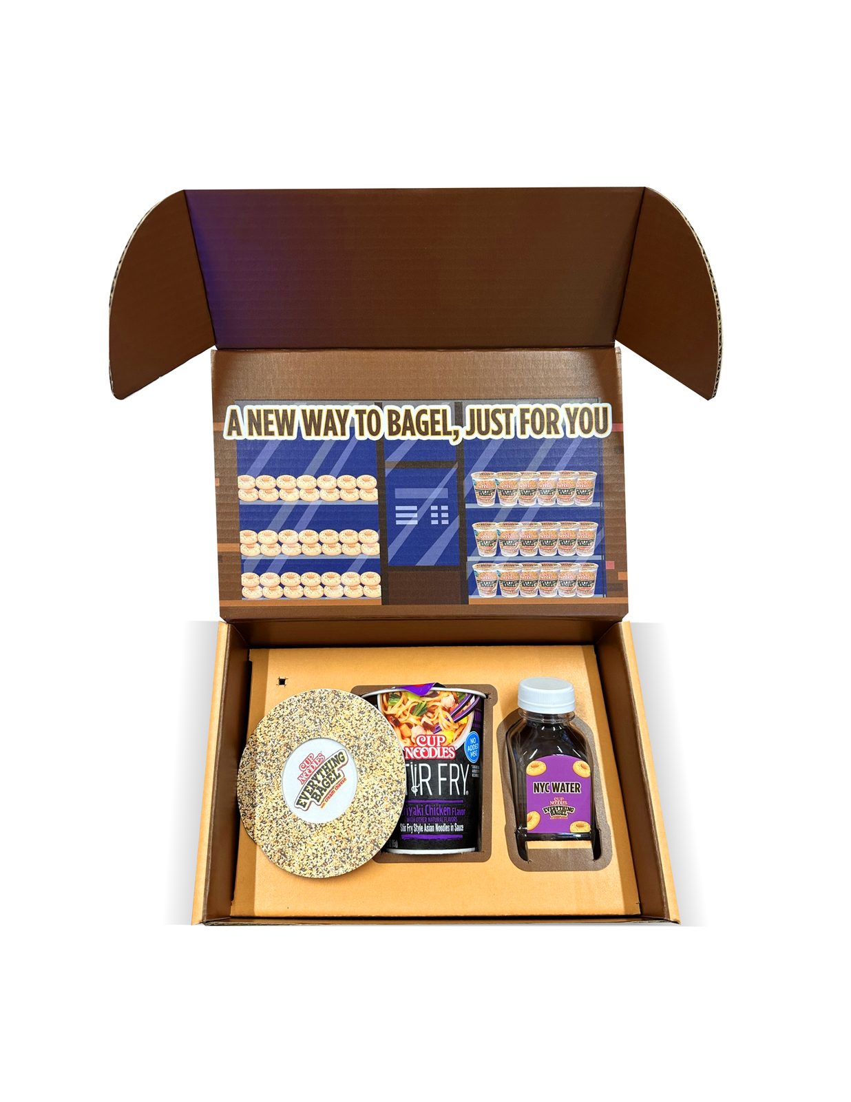 Bespoke influencer kit — custom-printed mailer opening to a die-cut insert holding three branded products