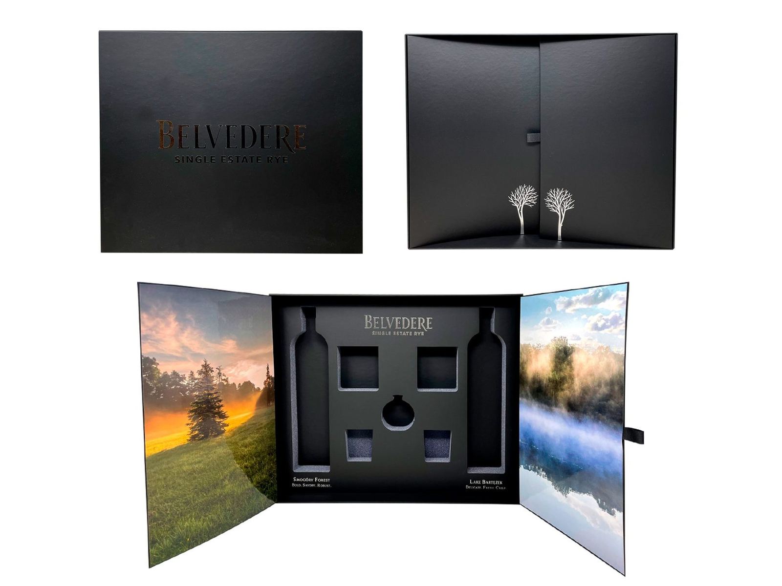 Belvedere black presentation box open with foam-fitted interior by VSL Packaging