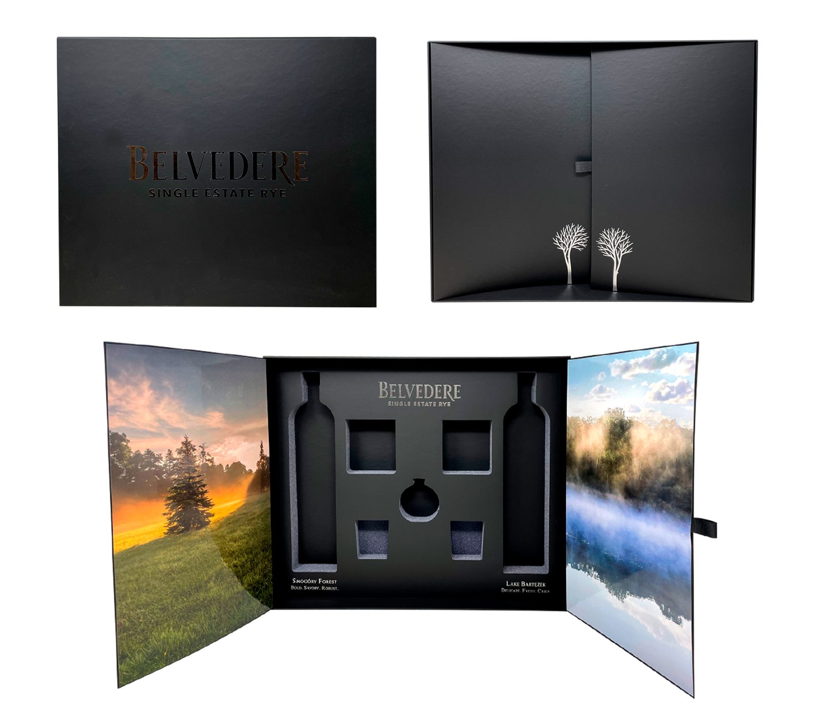 Belvedere Vodka black rigid box with a foil-stamped lid, open to a die-cut insert and printed interior