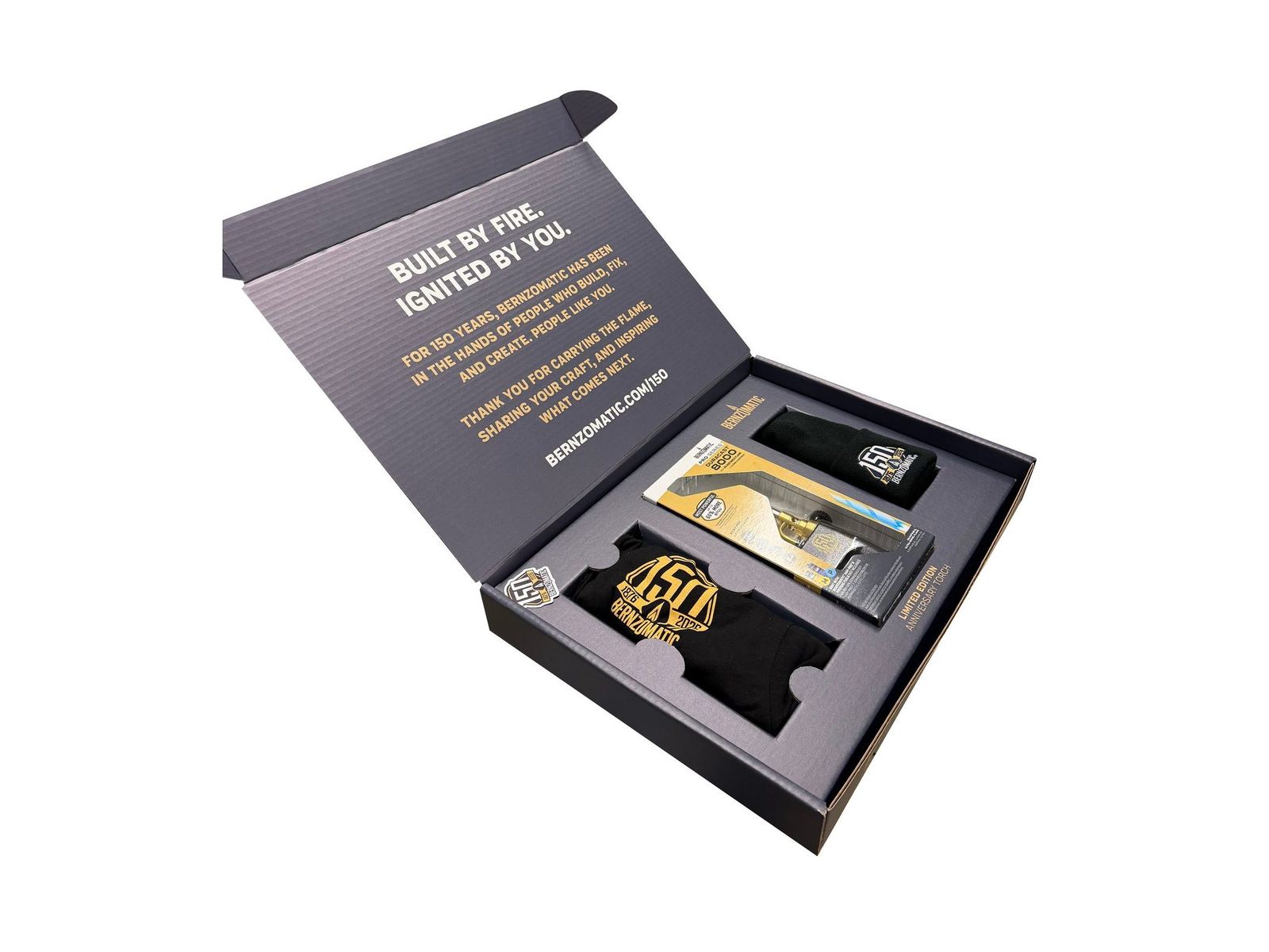 Bernzomatic gray gift box open with foil-stamped graphics by VSL Packaging