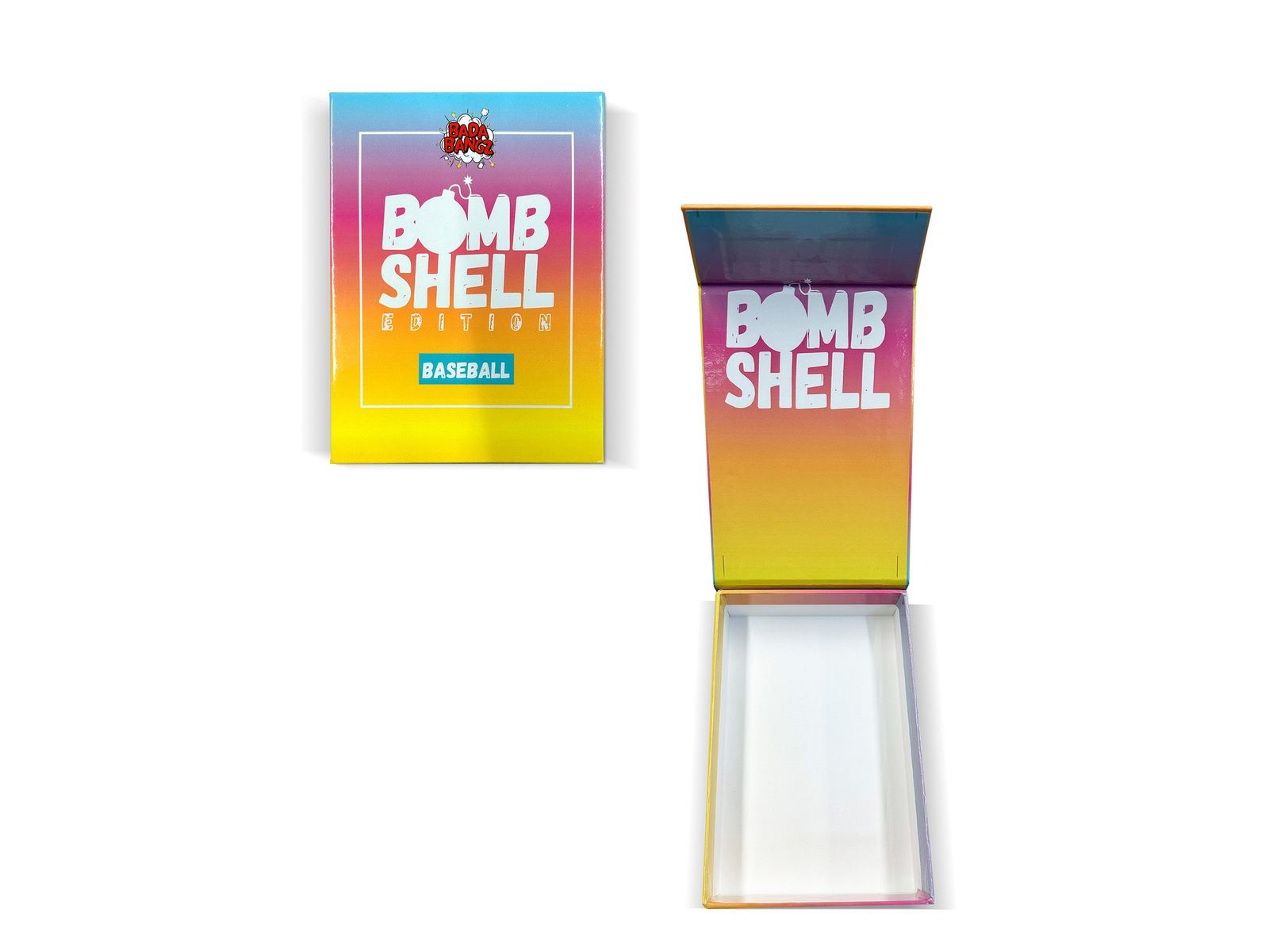 Bomb Shell Edition baseball-themed magnetic-closure box, closed and open, by VSL Packaging