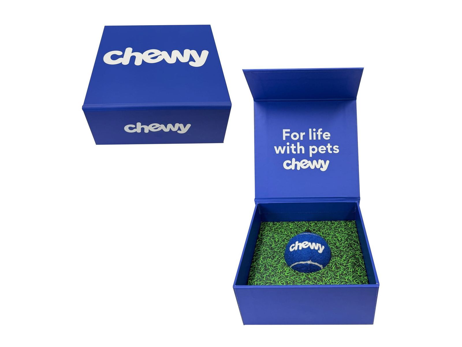 Chewy blue rigid box open with a turf-print tennis ball insert by VSL Packaging