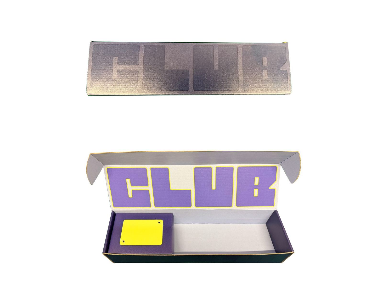 CLUB silver rigid box open with a purple printed interior by VSL Packaging