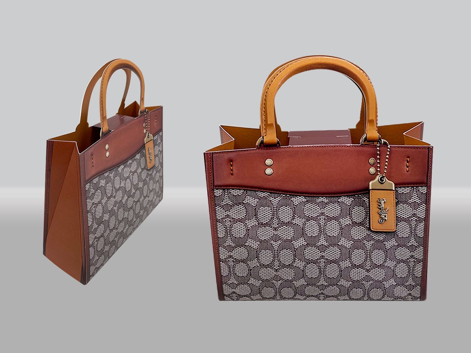 Coach signature-print paper tote bags styled as handbags by VSL Packaging