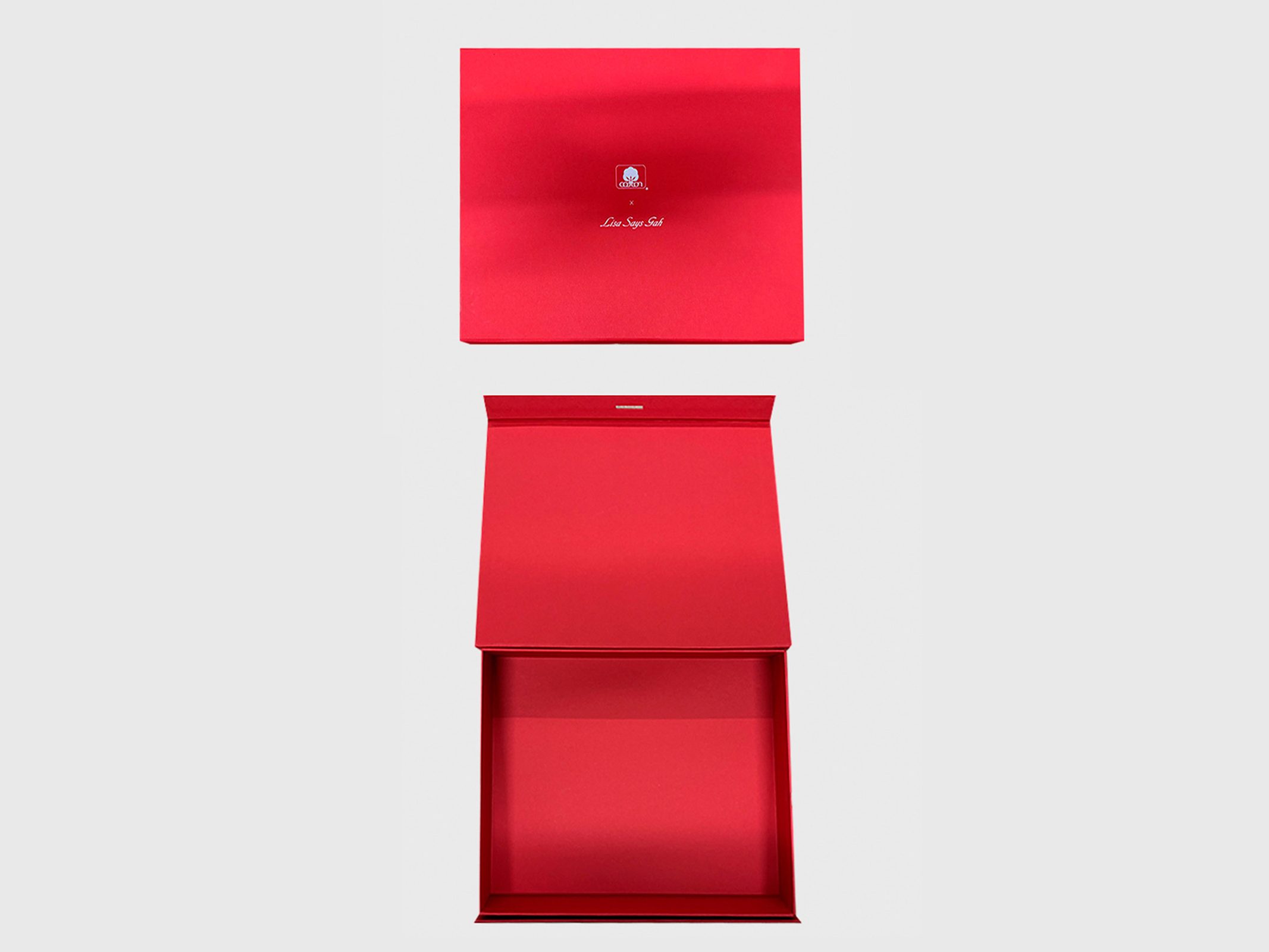 Cotton red magnetic-closure rigid box shown closed and open by VSL Packaging