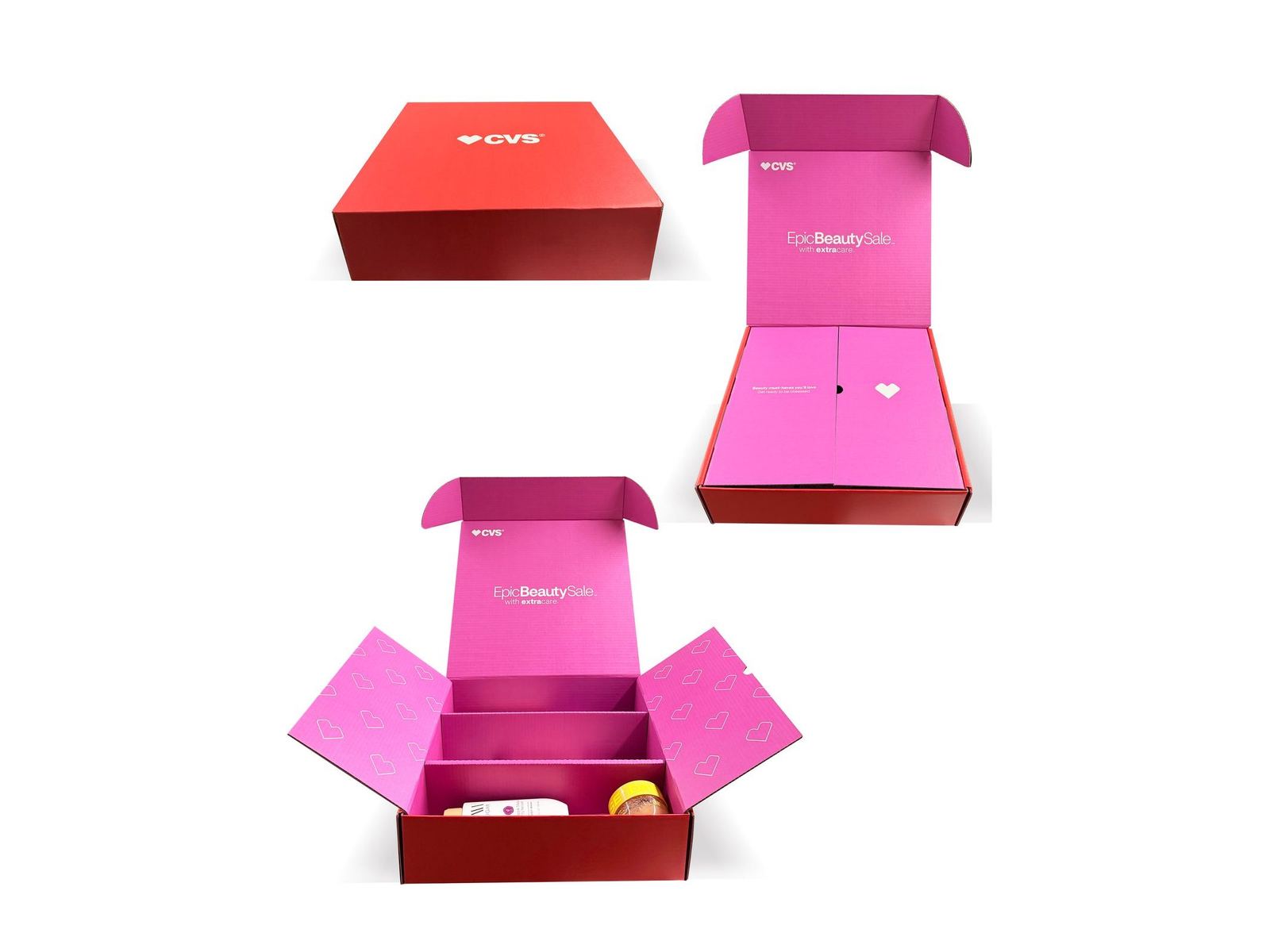Red and pink CVS Epic Beauty Sale mailer boxes, closed and open, by VSL Packaging
