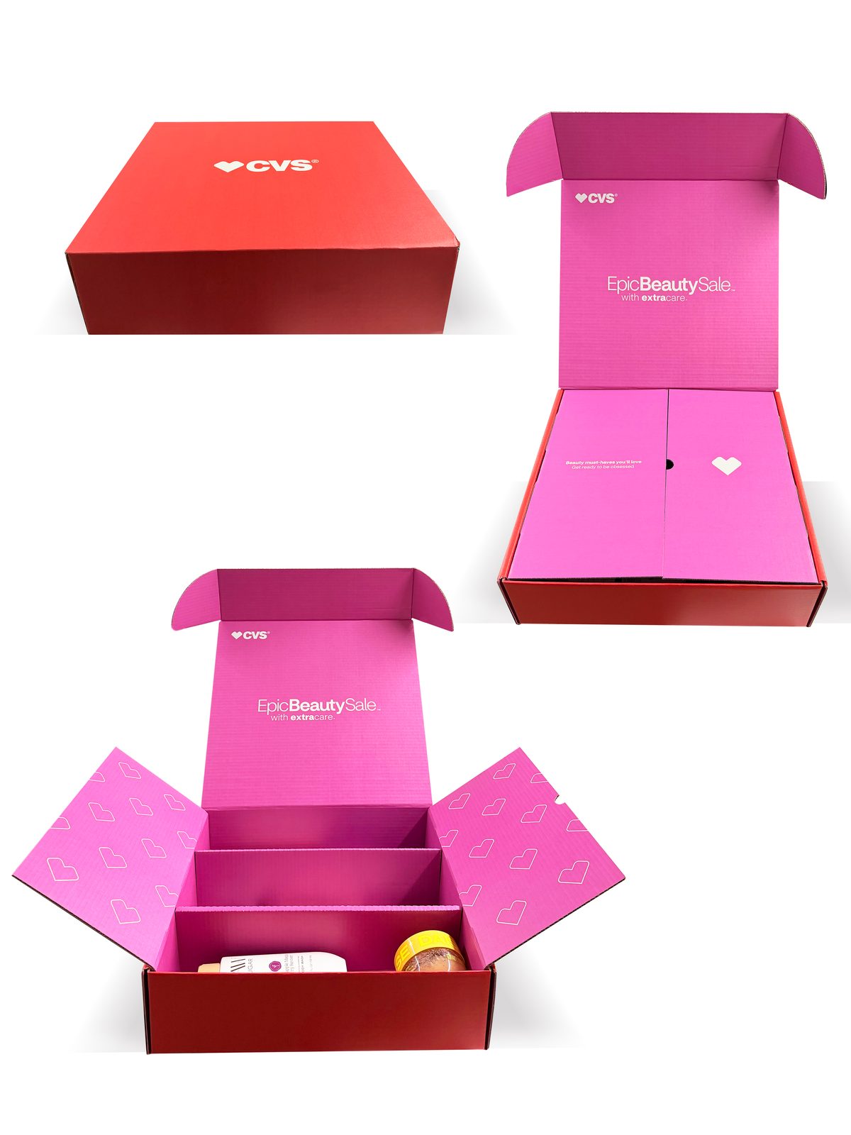 CVS Epic Beauty Sale printed mailer boxes, closed and open with printed interiors