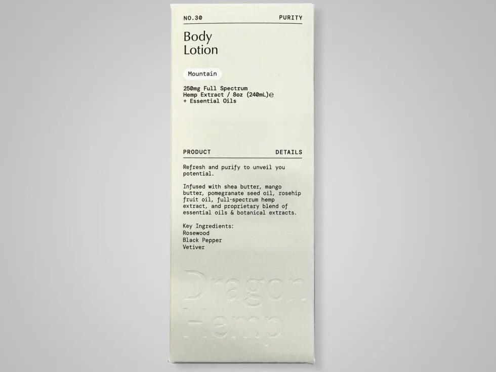 Dragon Hemp body lotion folding carton with a blind-embossed wordmark by VSL Packaging