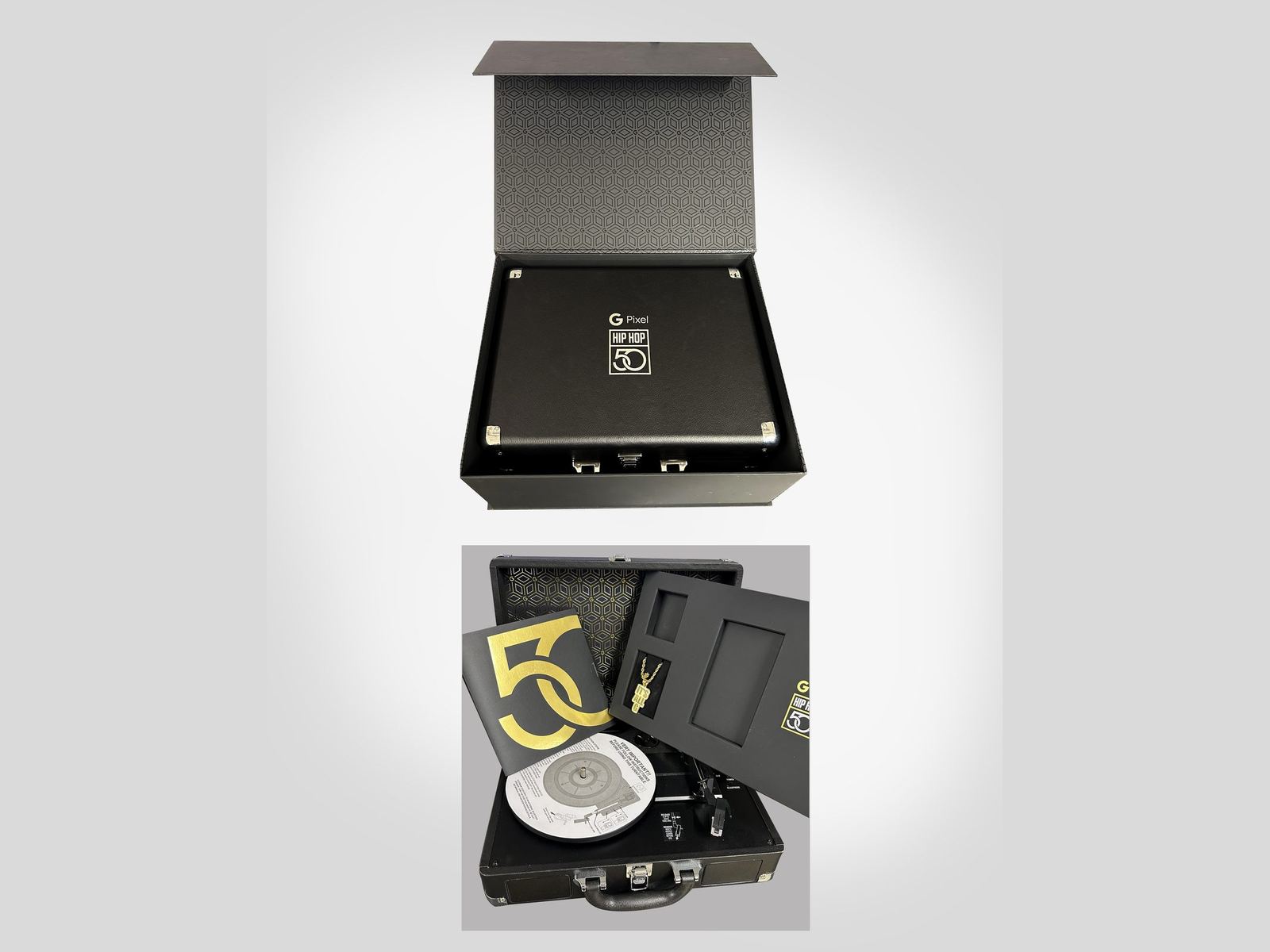 Google Hip Hop 50 rigid box shown closed and open to the turntable case by VSL Packaging