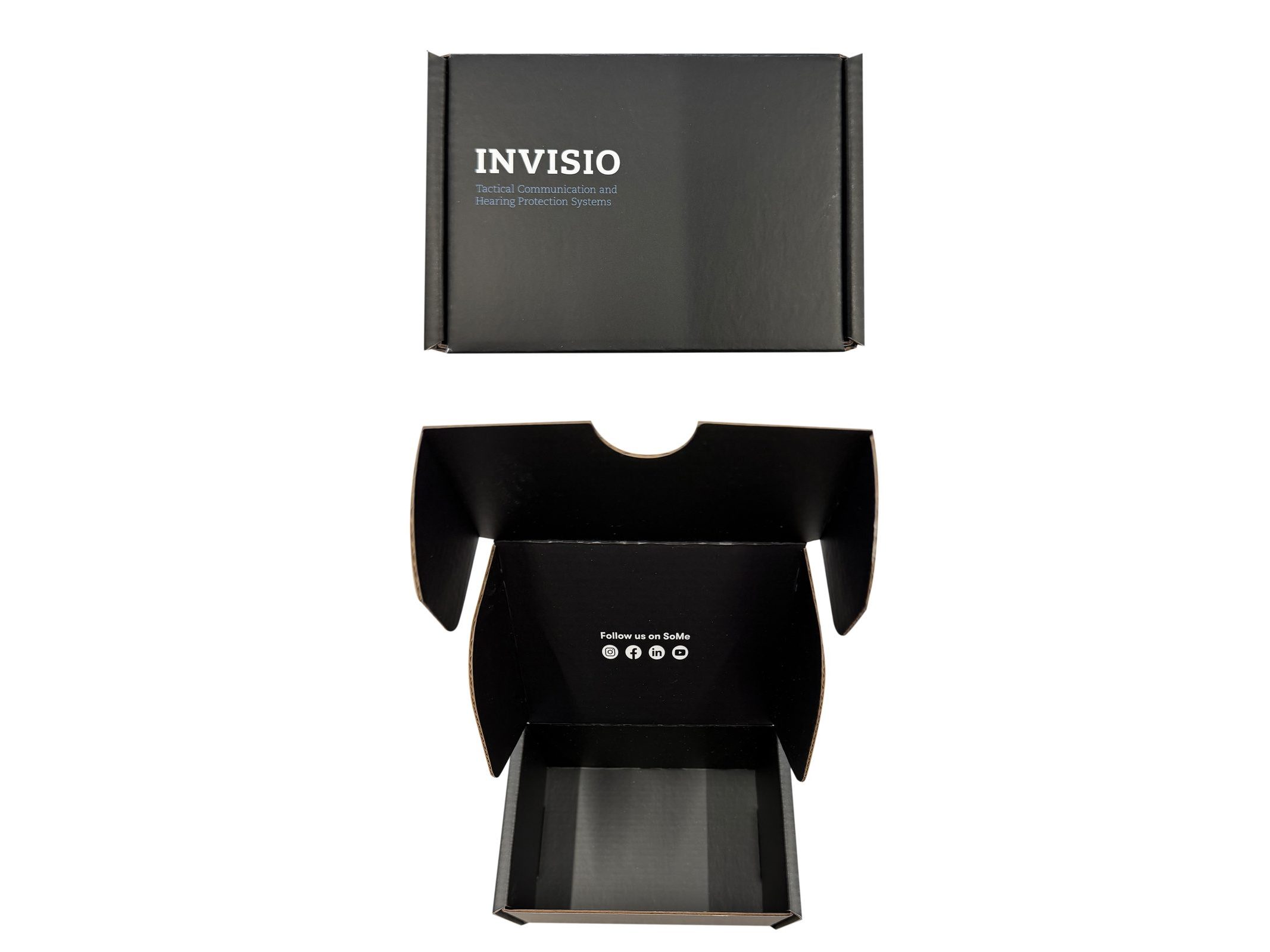 INVISIO black mailer box open with printed interior copy by VSL Packaging