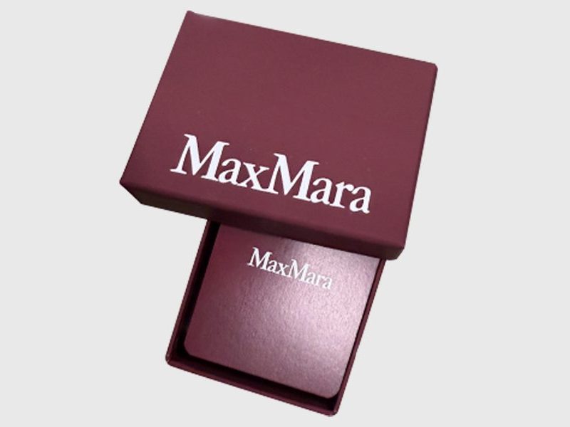 Max Mara burgundy rigid box open showing lid and base by VSL Packaging