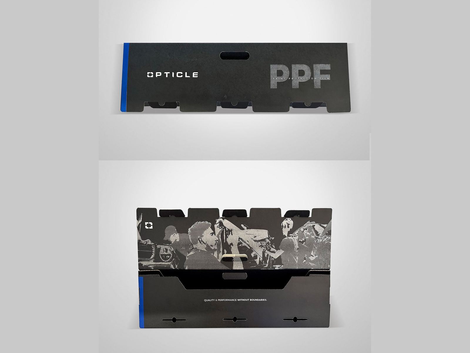 Opticle PPF black die-cut tray closed and open with printed interior by VSL Packaging