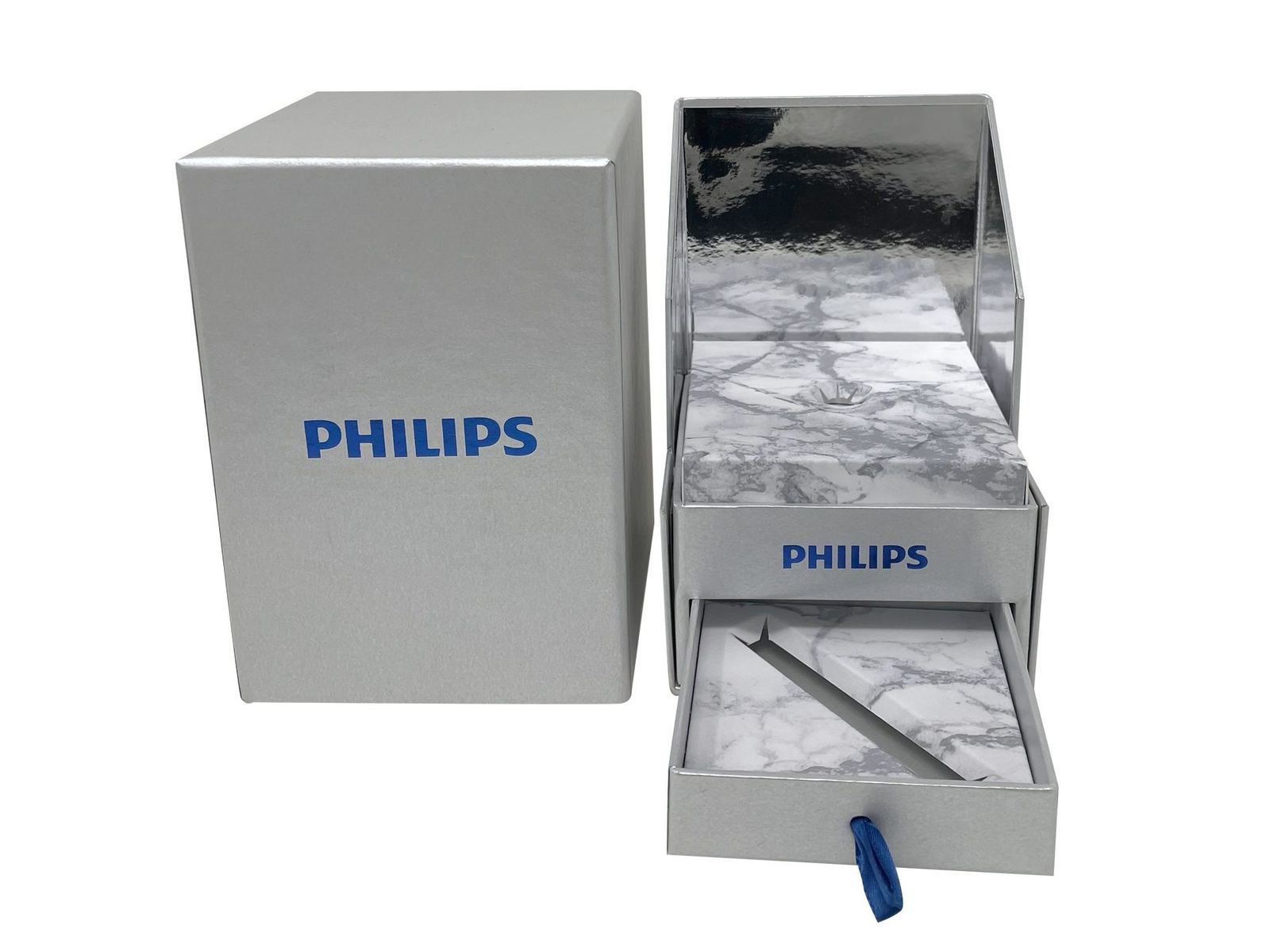 Philips silver drawer box with a marble-print tray by VSL Packaging