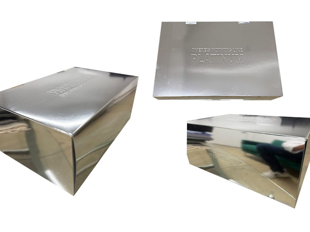 Amex mirror-finish metallic rigid box with a debossed lid by VSL Packaging