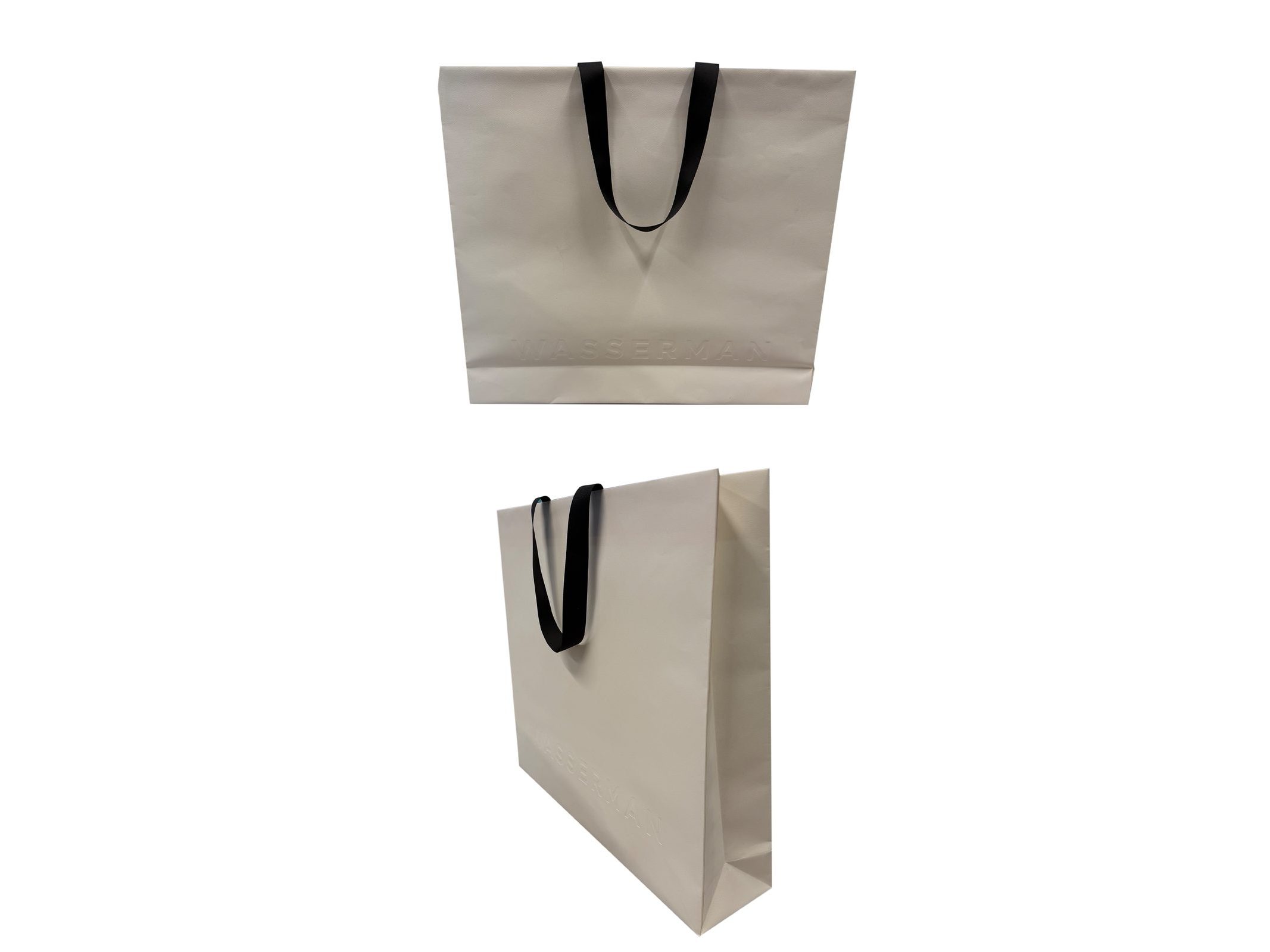 Wasserman off-white shopping bag with black ribbon handles by VSL Packaging