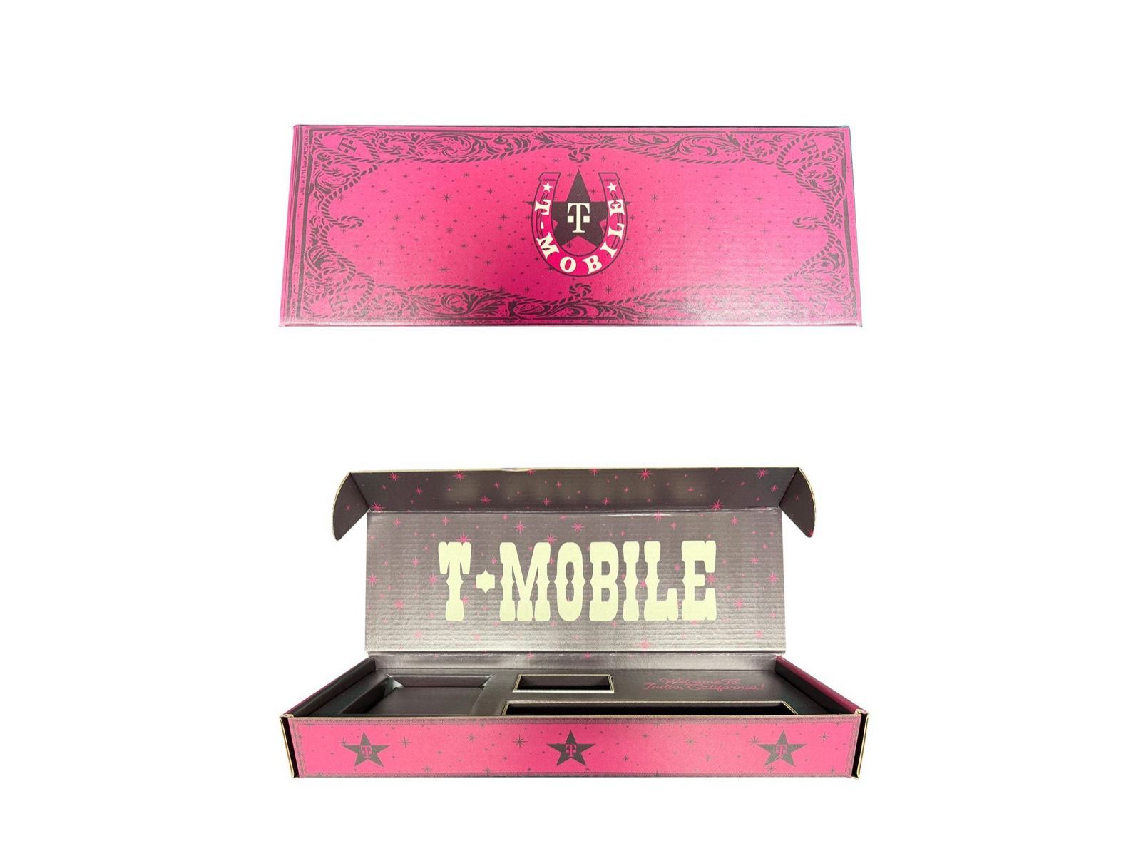 T-Mobile magenta mailer box open with a compartmentalized tray by VSL Packaging