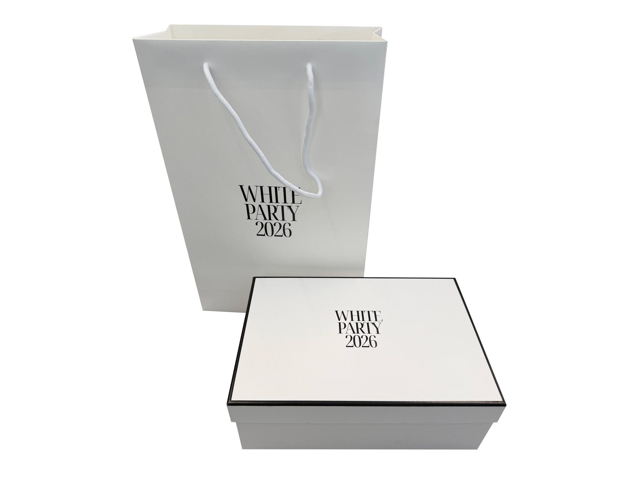 White Party 2026 shopping bag and matching lidded box by VSL Packaging