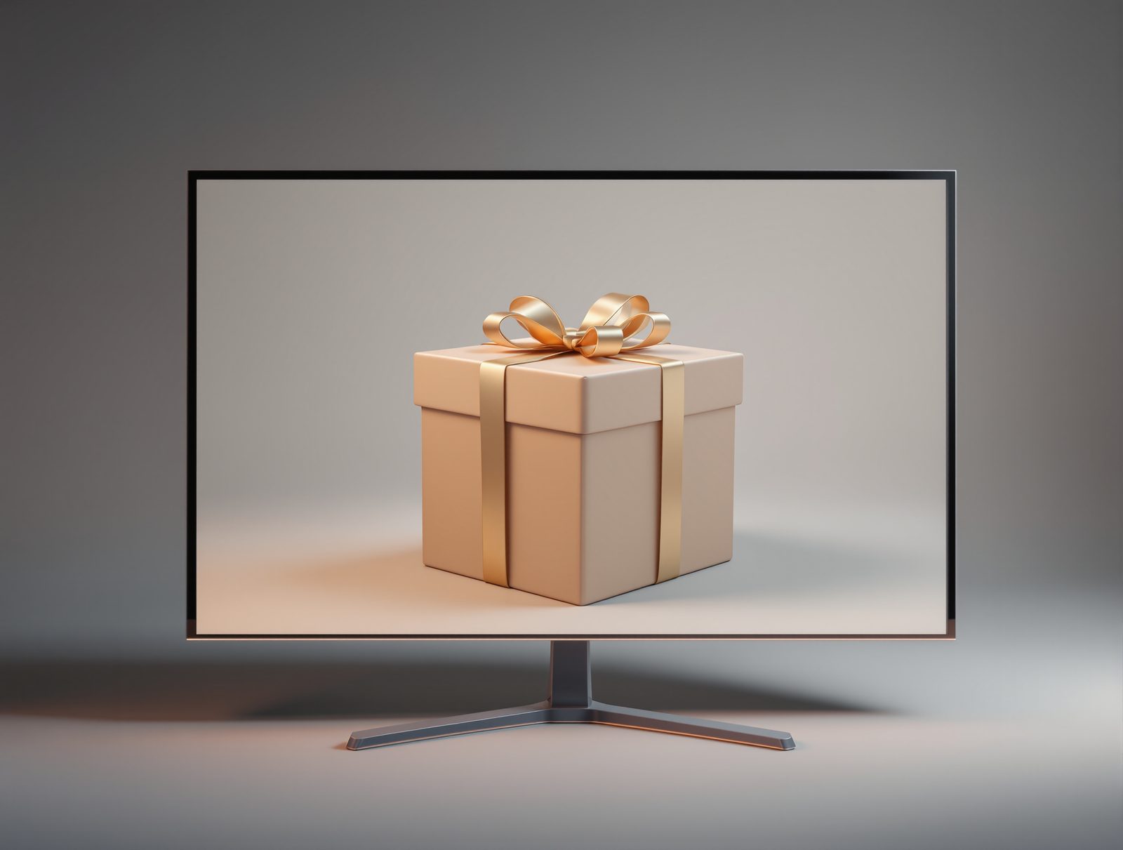 A photorealistic rigid gift box rendered on a large monitor in a dim studio, wireframe half-view visible on screen edge — studio image