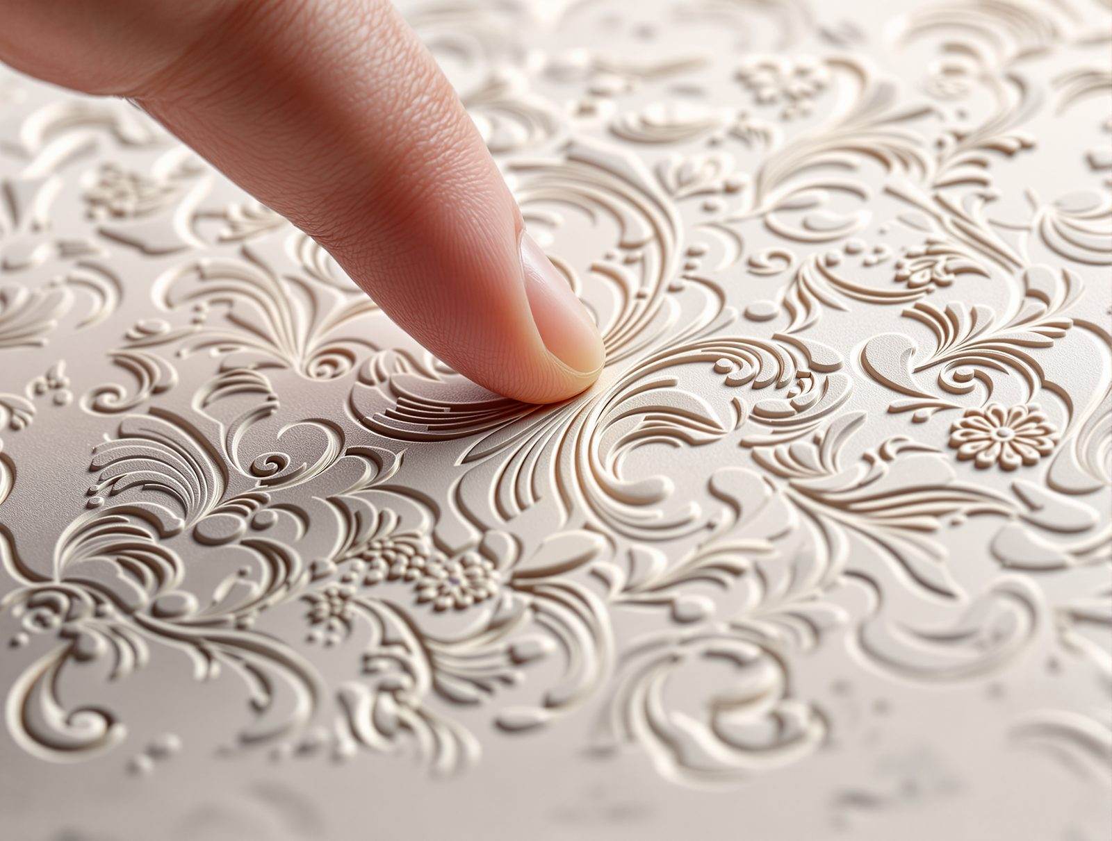 Fingertips brushing over a raised embossed pattern on luxury paperboard — studio image