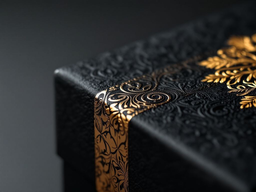 Embossed and gold foil finishing detail on a luxury box lid