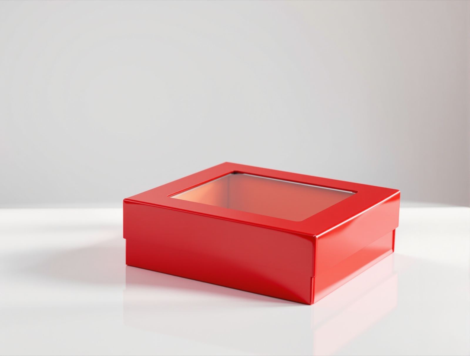 High-gloss laminated red window box with a mirror-like sheen on a white studio table — studio image