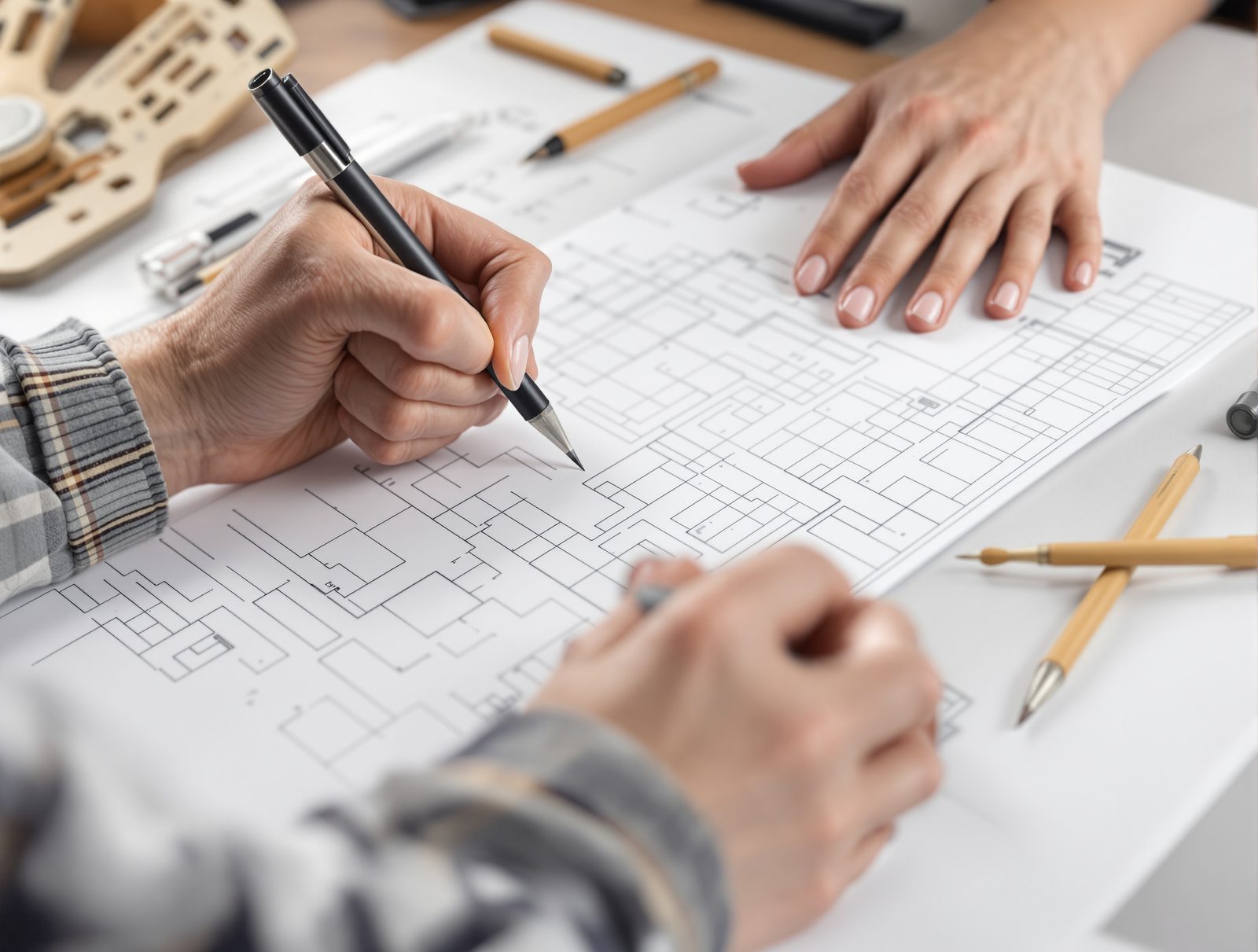 Hands sketching fold lines on a white carton dieline blueprint, drafting tools nearby — studio image