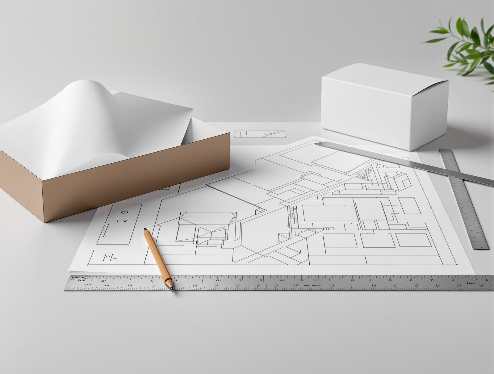 A structural packaging designer's desk with an unfolded white box dieline drawing, pencil, steel ruler and a folded blank prototyp