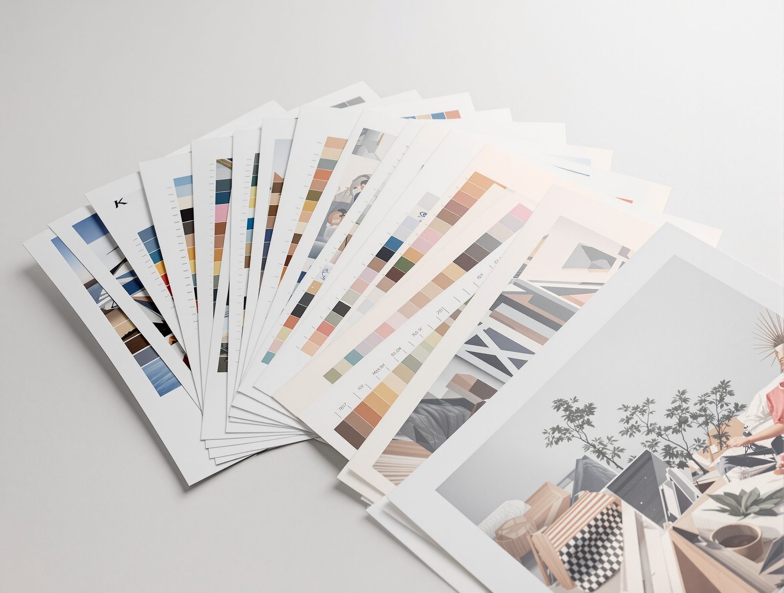 Printed color proof sheets of packaging artwork fanned on a table with color calibration bars along the sheet edges — studio image