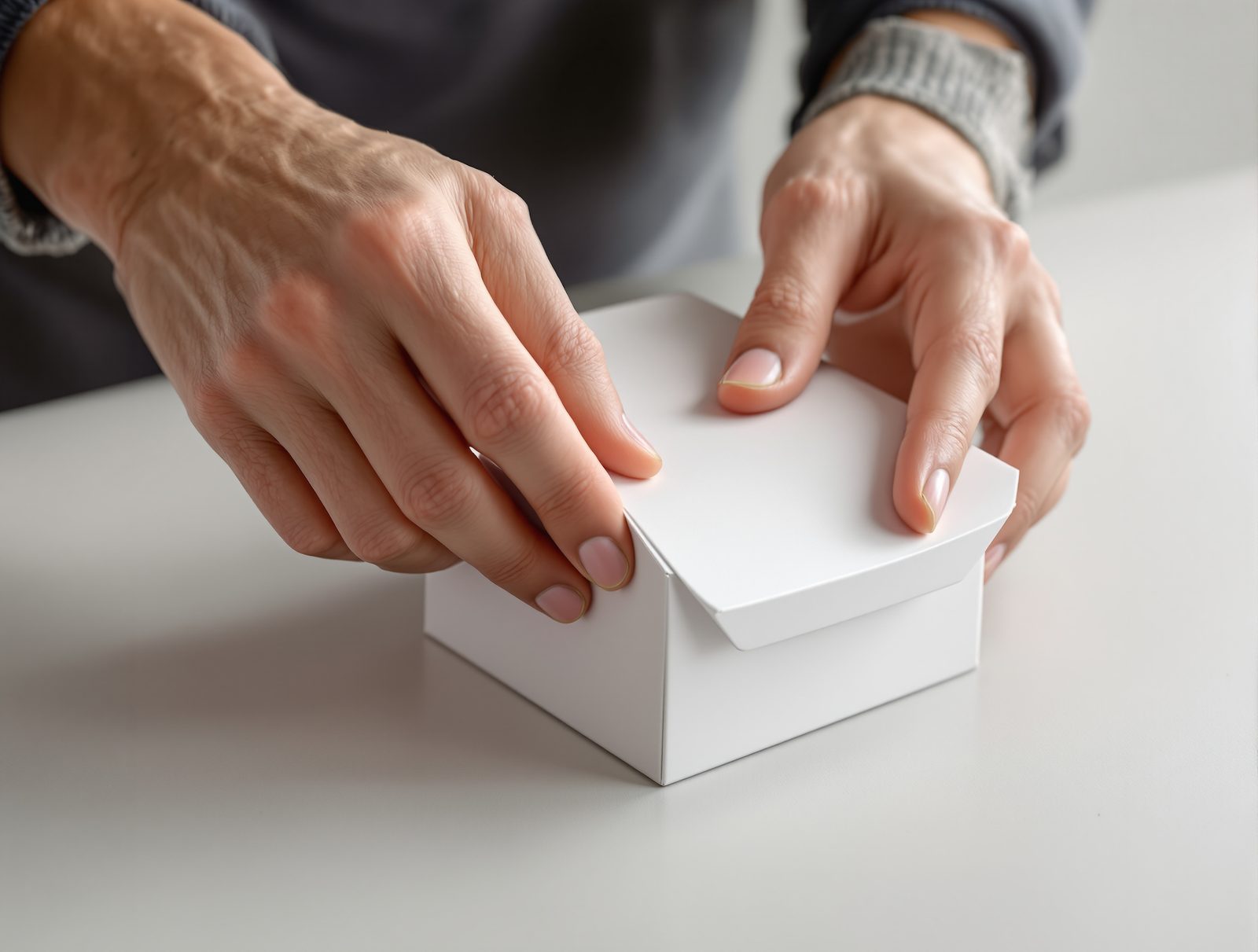 Hands folding a crisp white prototype carton, scored fold lines catching the light — studio image