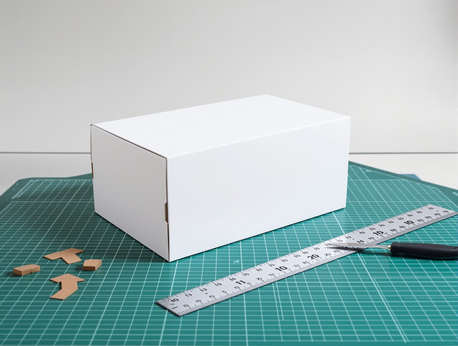 A hand-cut white prototype box on a green self-healing cutting mat with a craft knife and steel ruler — studio image