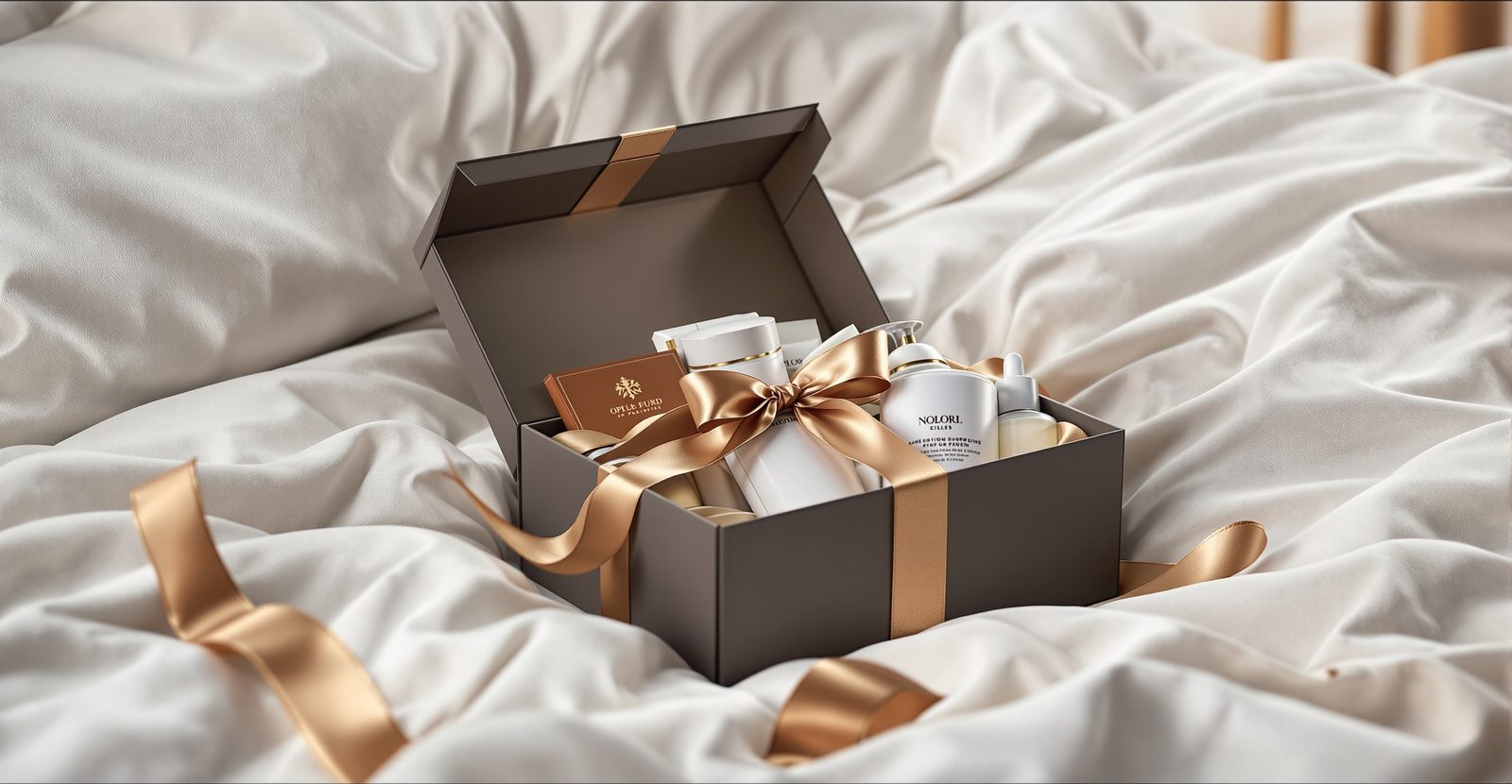 Gift mailers with ribbon and tissue styled for presentation — studio image