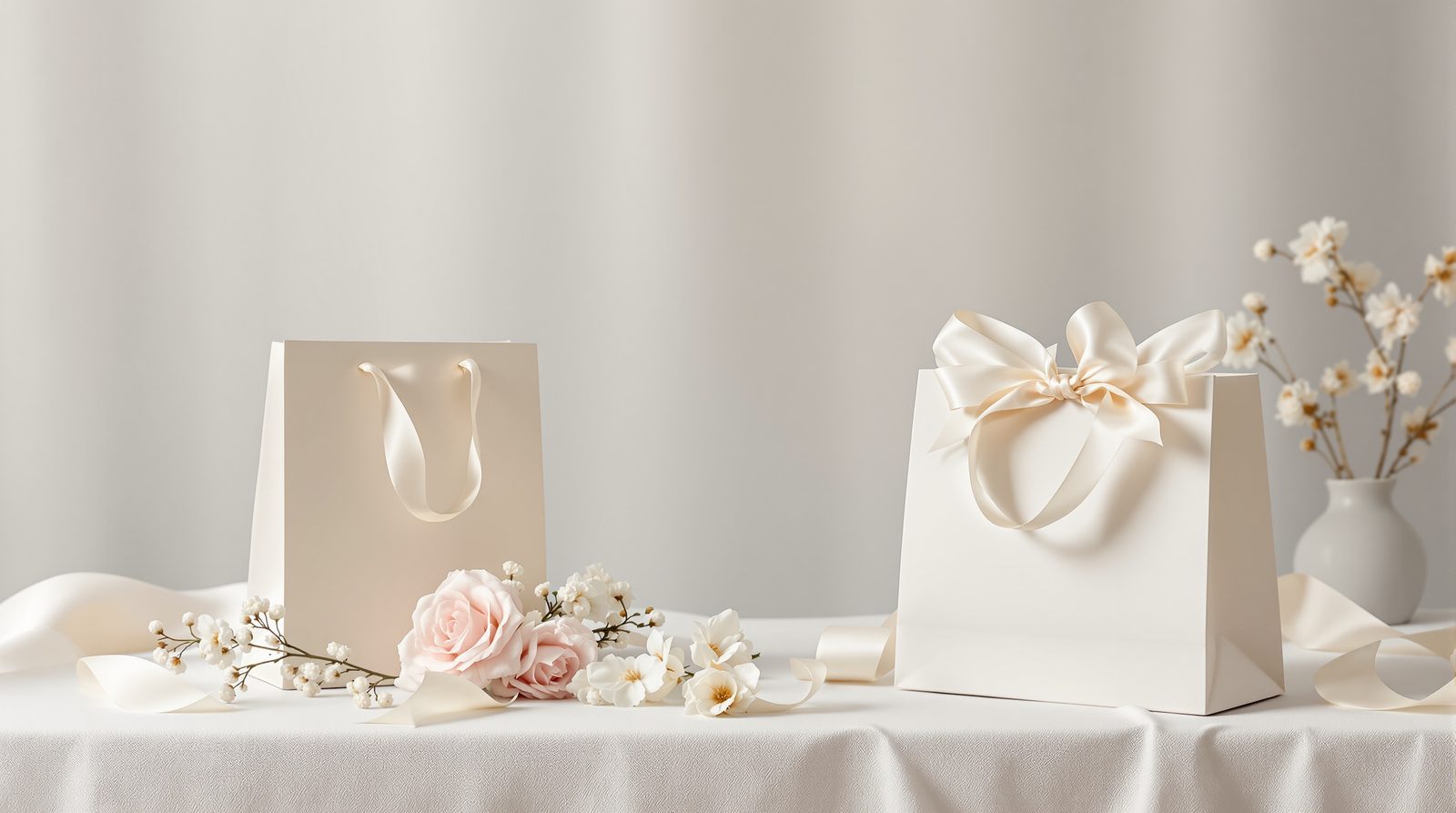 Ivory wedding gift bags with satin ribbon handles on a linen table with flowers — studio image