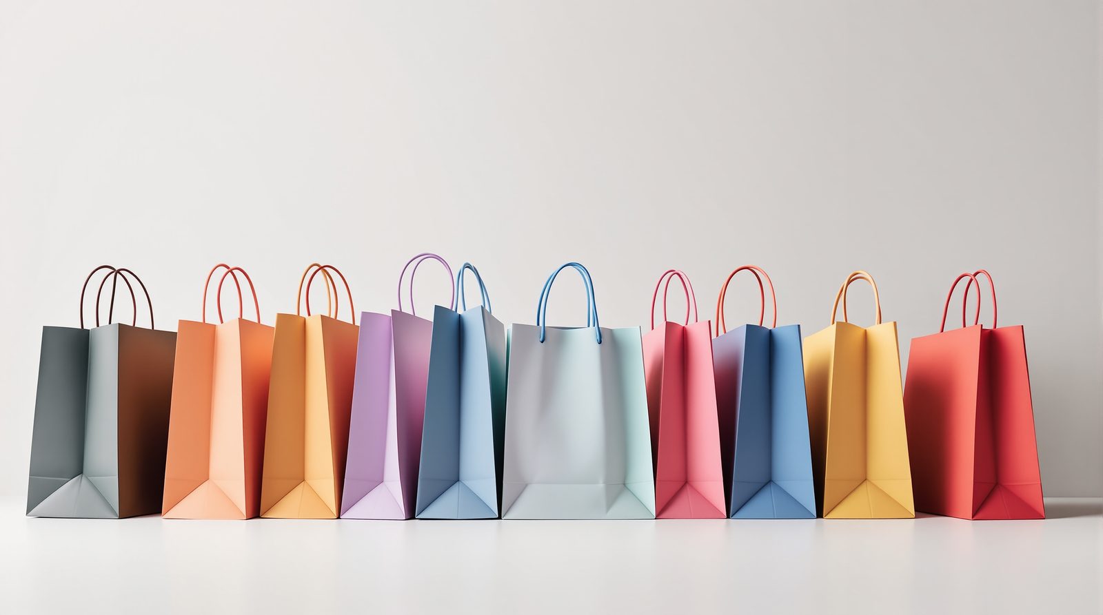 A lineup of printed shopping bags in a bright studio scene — studio image