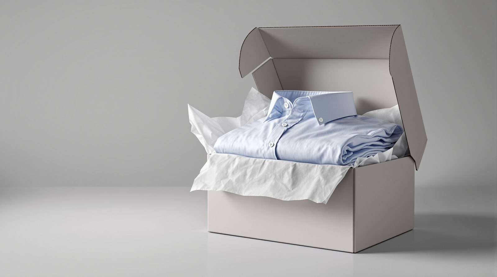 Folded shirts in tissue inside a printed clothing shipping box, lid tilted — studio image