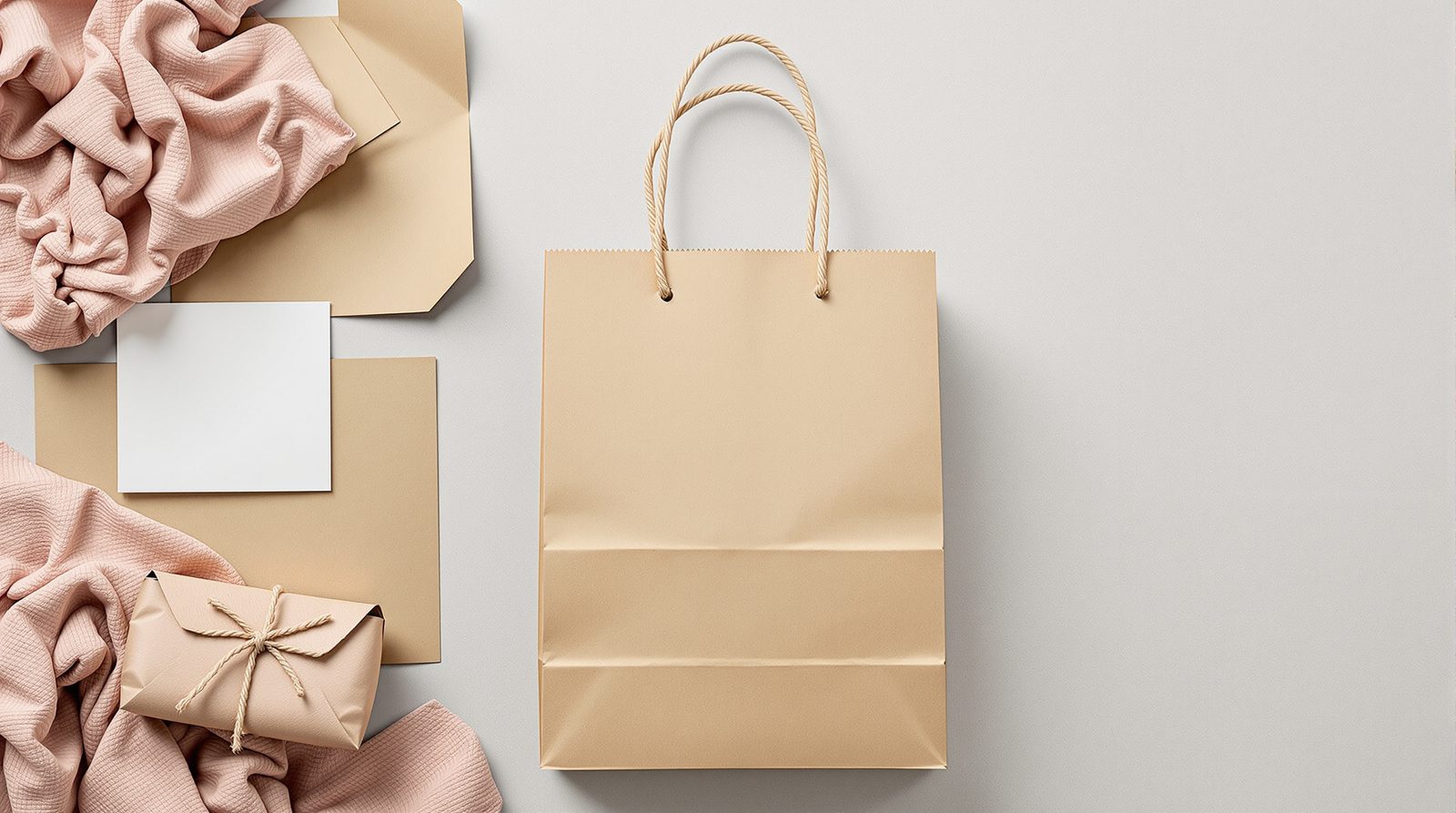 Shopping bag construction flat-lay: cut paper panels, rope handles, glue and finished bag — studio image