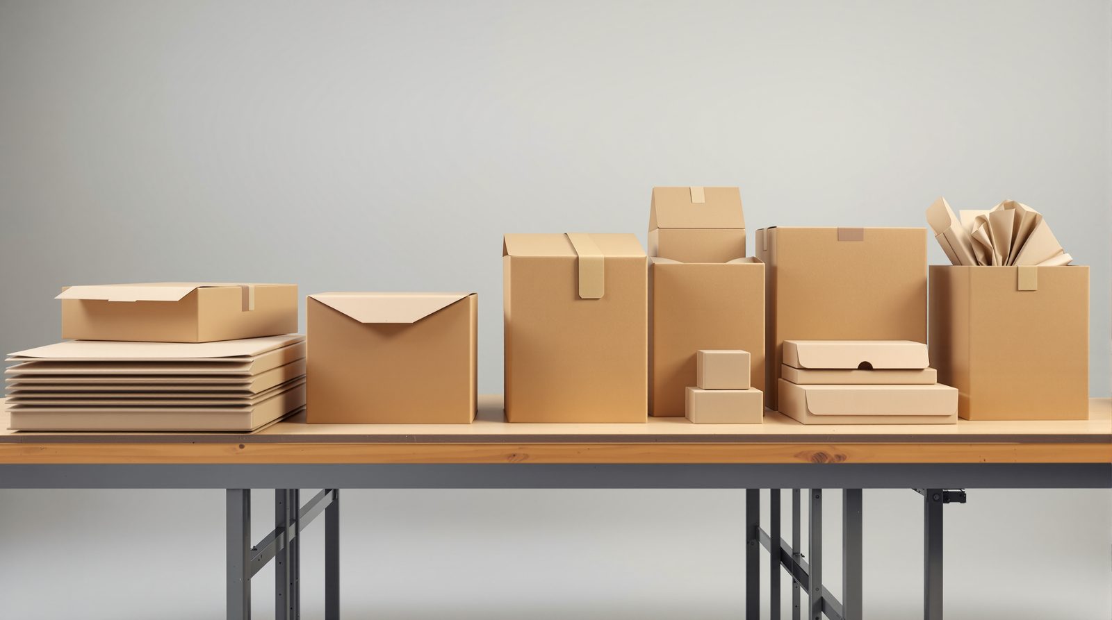 A production table with corrugated mailers in progressive assembly stages — studio image