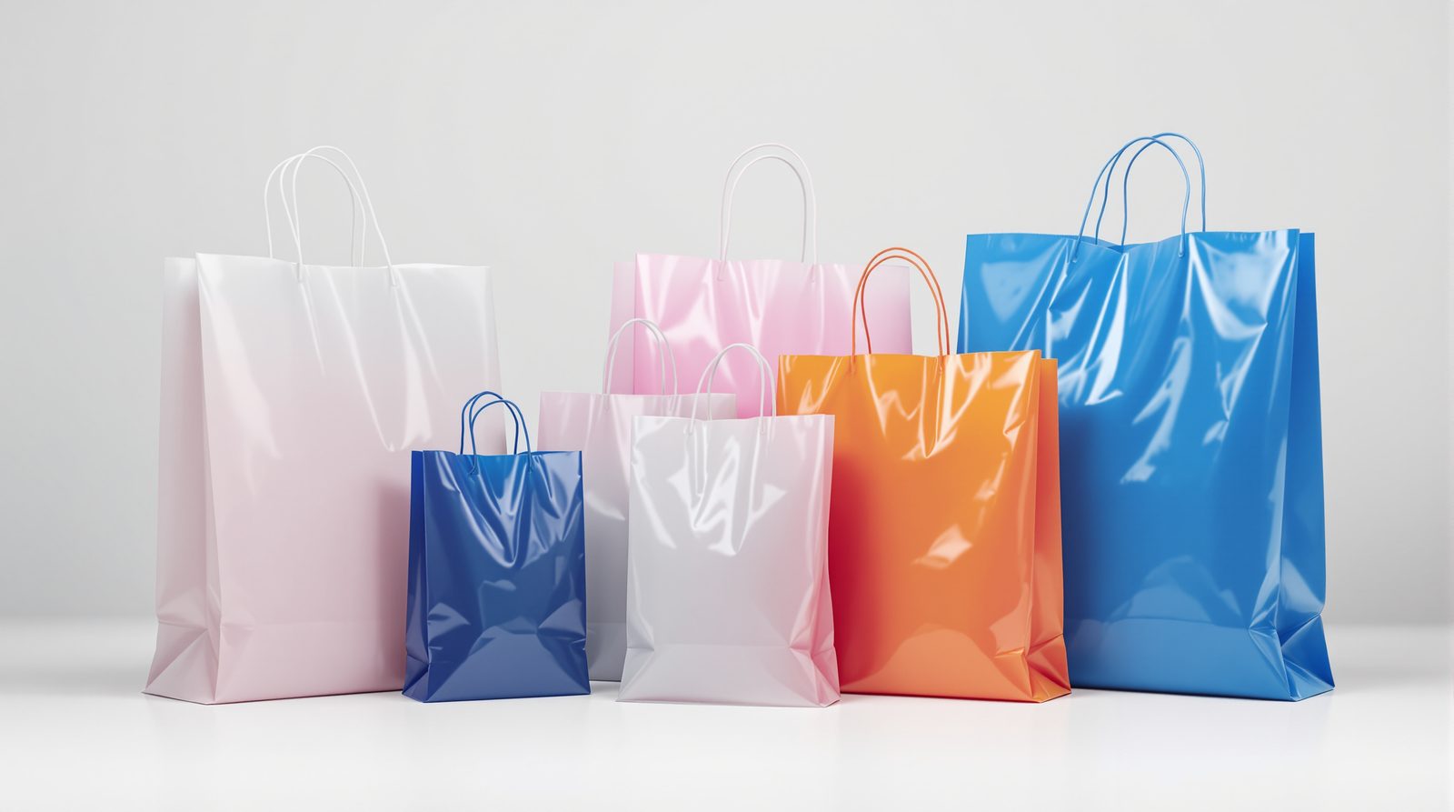 Glossy plastic shopping bags in bold colors nested by size — studio image