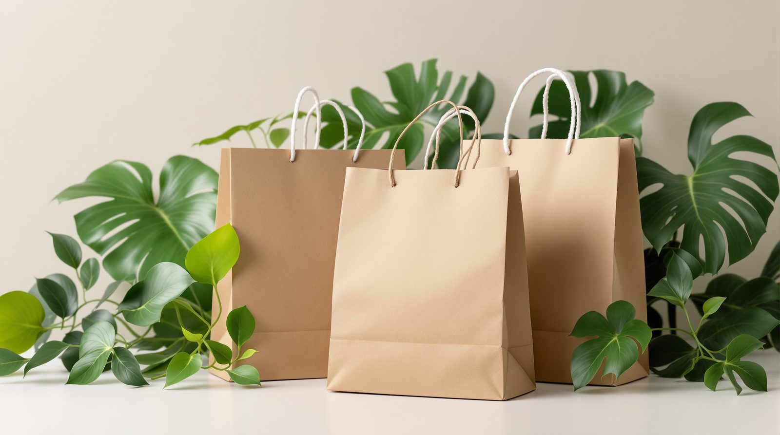 Kraft paper shopping bags with rope and cord handles among green leaves — studio image