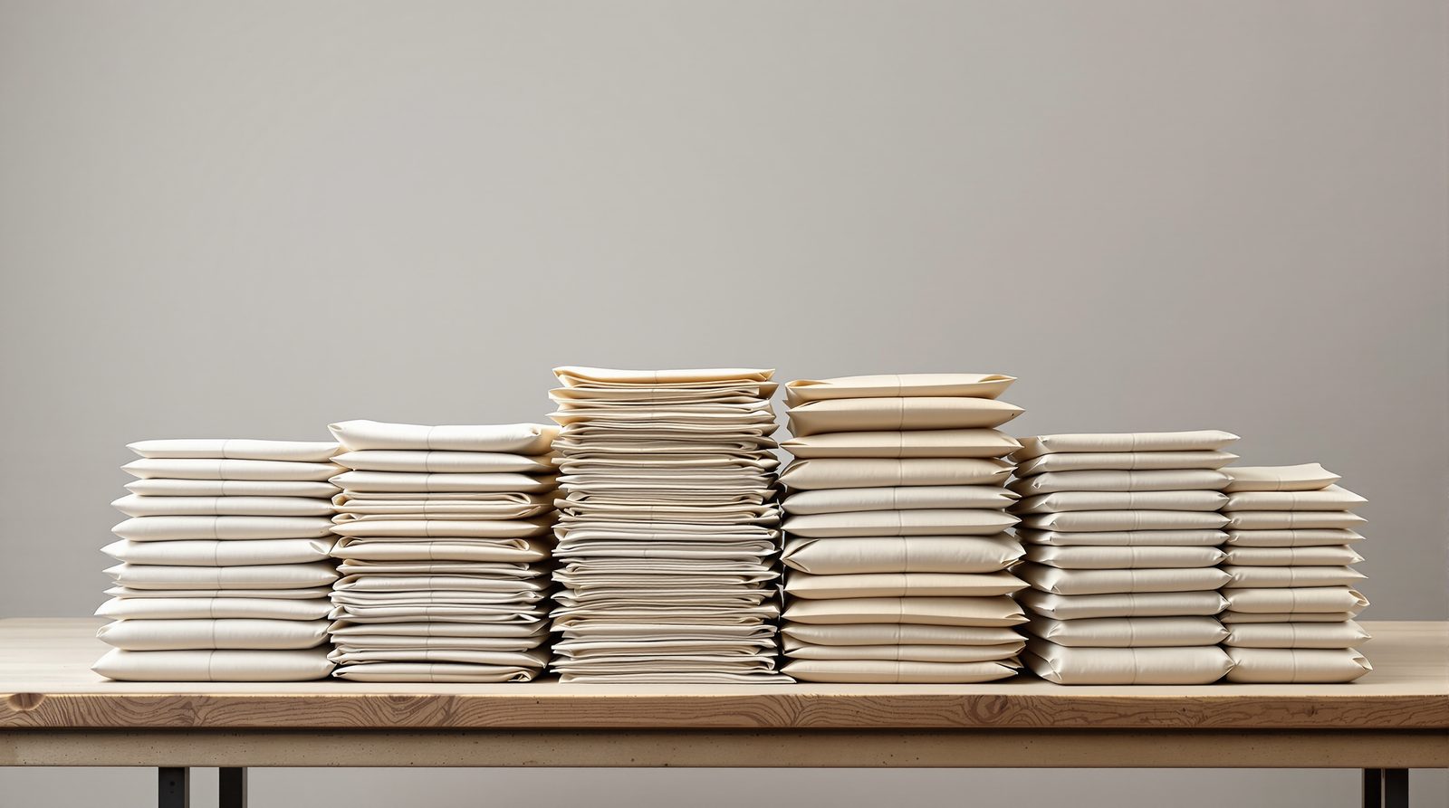 Bulk-stacked flat shopping bags banded in dozens on a warehouse table — studio image