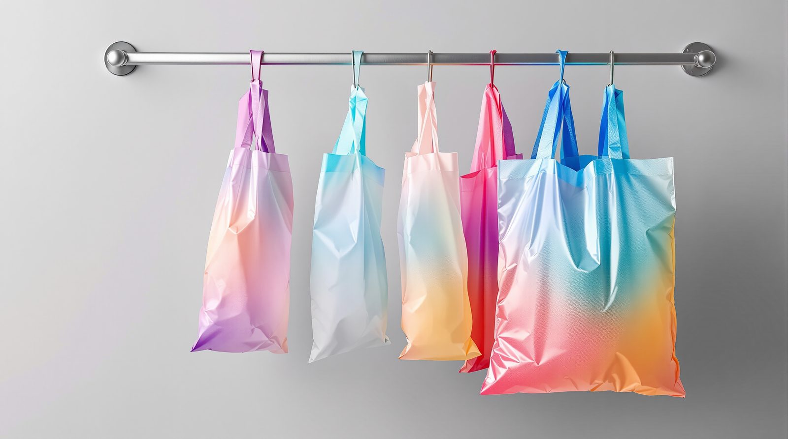 Vivid gradient-printed plastic bags hanging on a retail rack — studio image