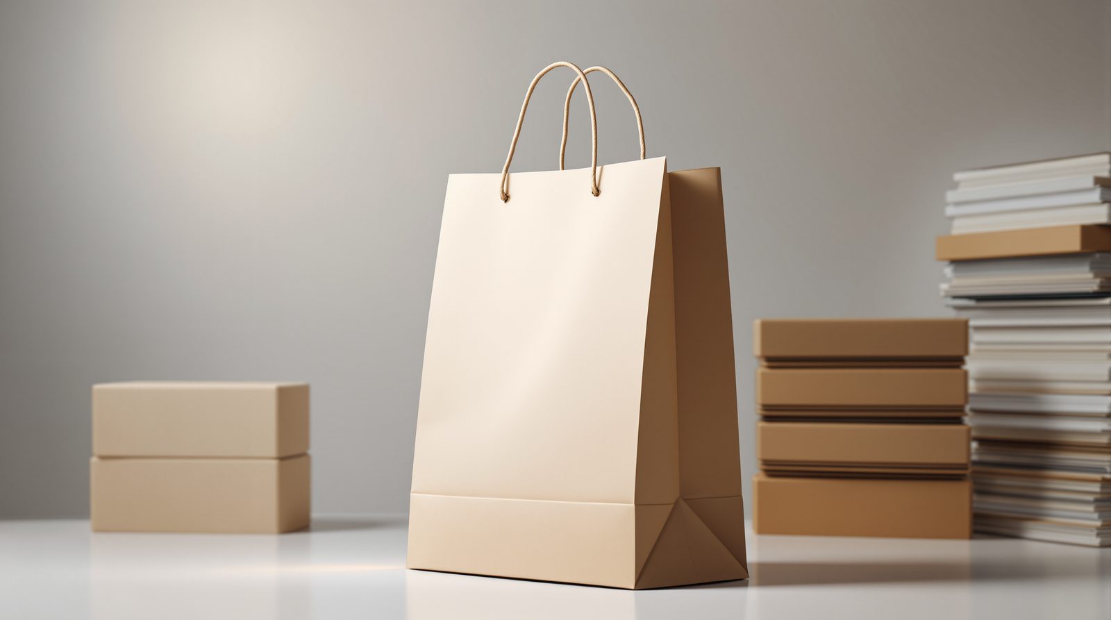 A paper shopping bag with blank deboss panel under a spotlight, wholesale stacks behind — studio image