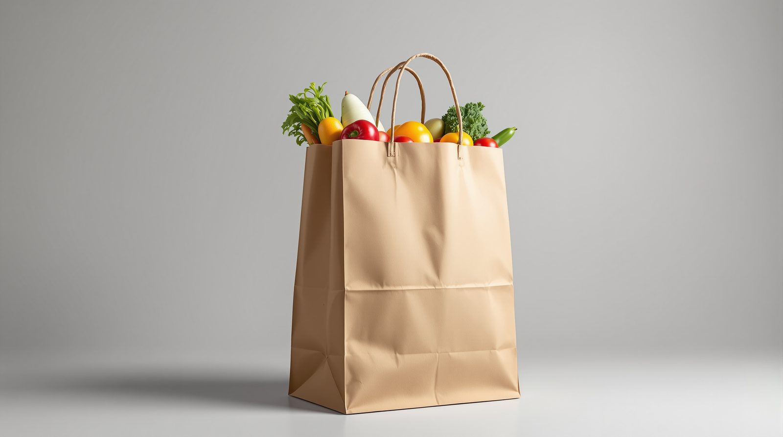 A loaded grocery paper bag with reinforced twisted handles, produce visible — studio image