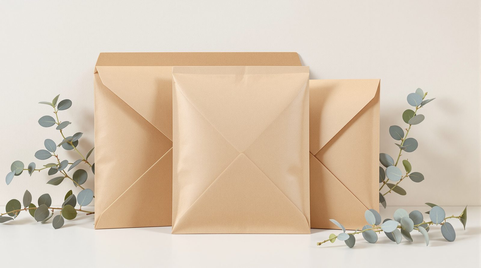 Three kraft paper mailer envelopes with pebbled recycled texture standing center frame, sprigs of eucalyptus beside them — studio image