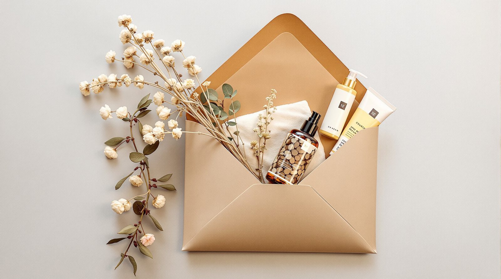 A kraft mailer with dried botanicals and spa amenities, hospitality styling — studio image