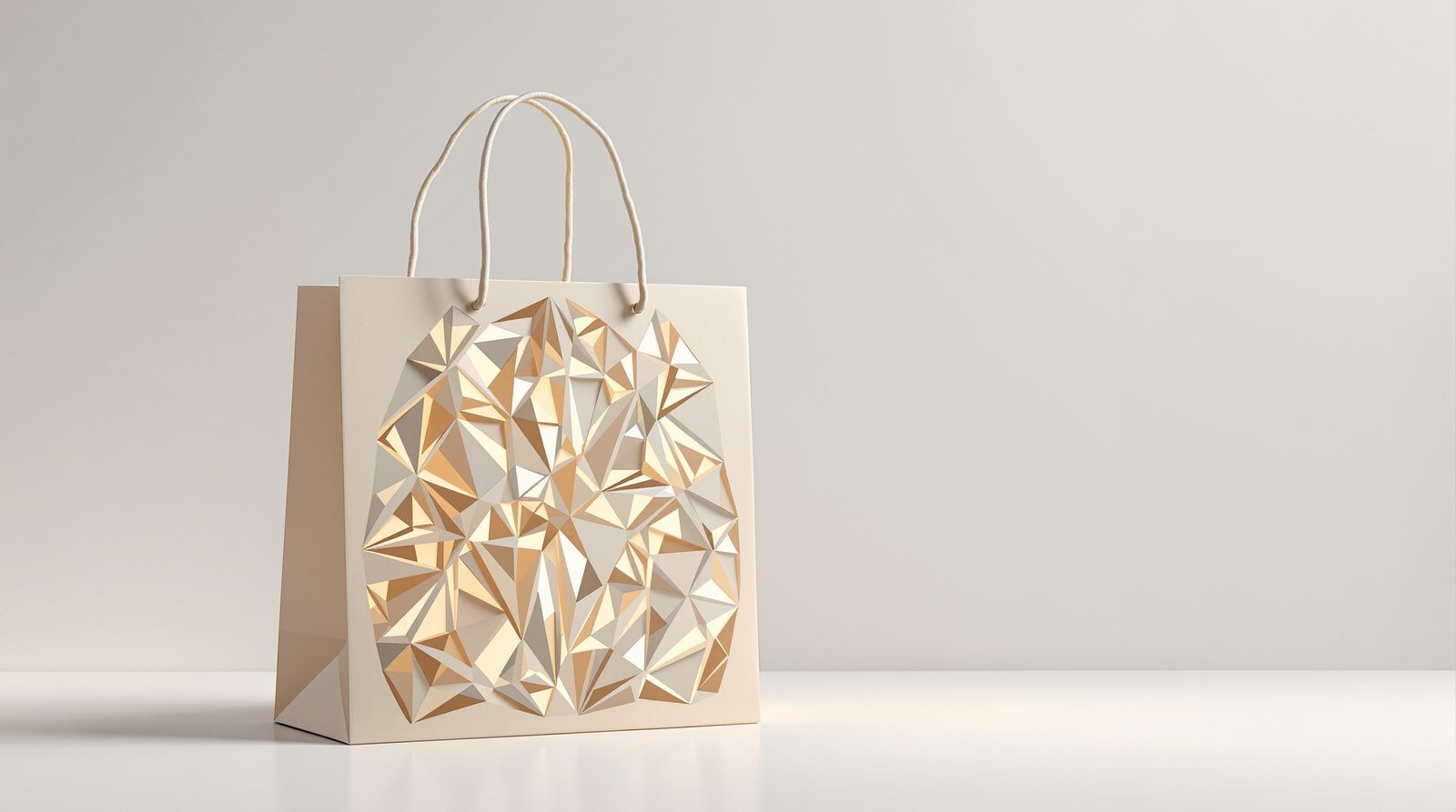 An architectural die-cut shopping bag with unusual geometry, boutique light — studio image
