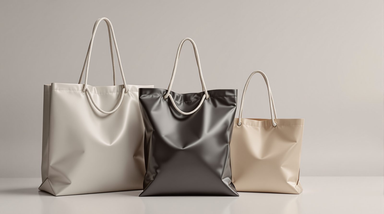 Laminated euro tote bags with rope handles in three sizes, luxury retail feel — studio image