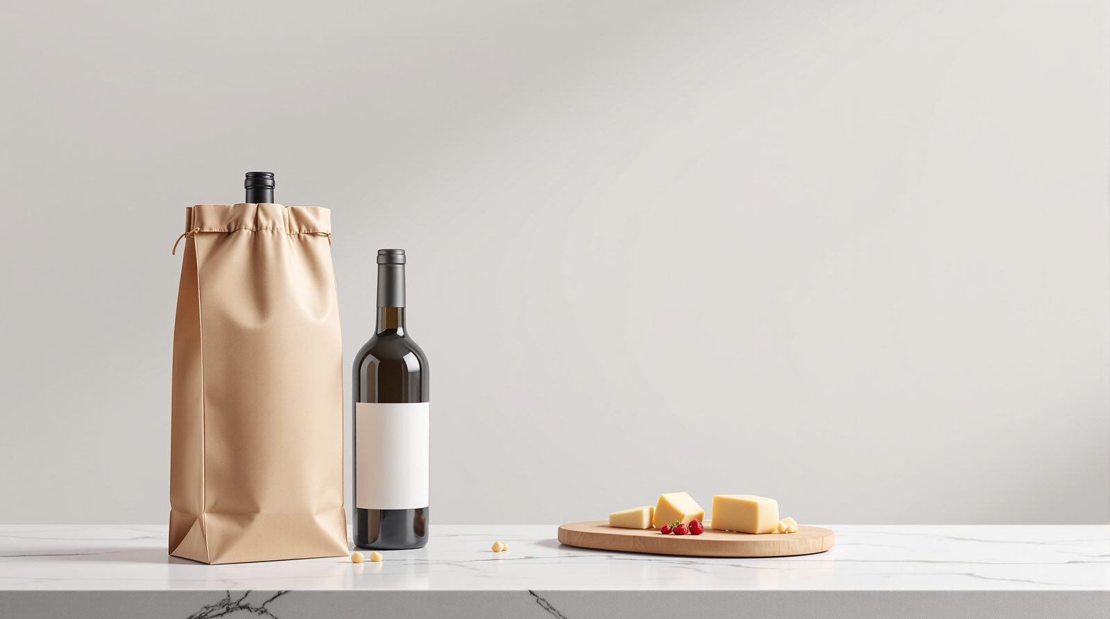 A wine bottle bag and gourmet food bag on a bistro counter with cheese board — studio image