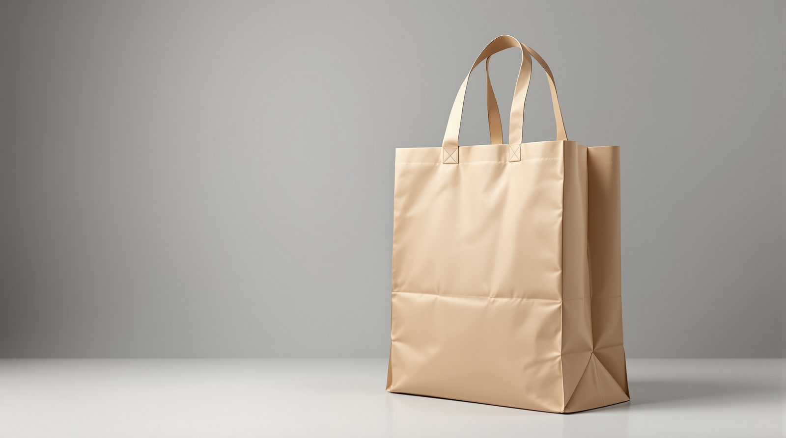 A gusseted expandable shopping bag opening wide to hold a coat box — studio image