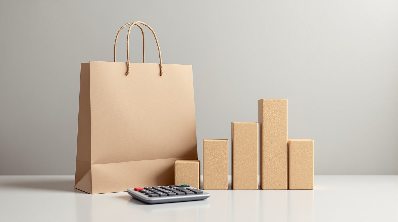 A shopping bag beside a calculator and rising bar-chart blocks made of kraft board — studio image